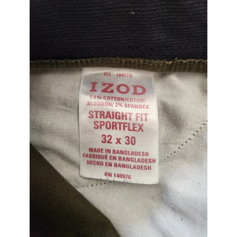 IZOD Sportflex Straight Fit Pants Mens 32x30 Olive Green Stretch‎ Chino 5 Pocket